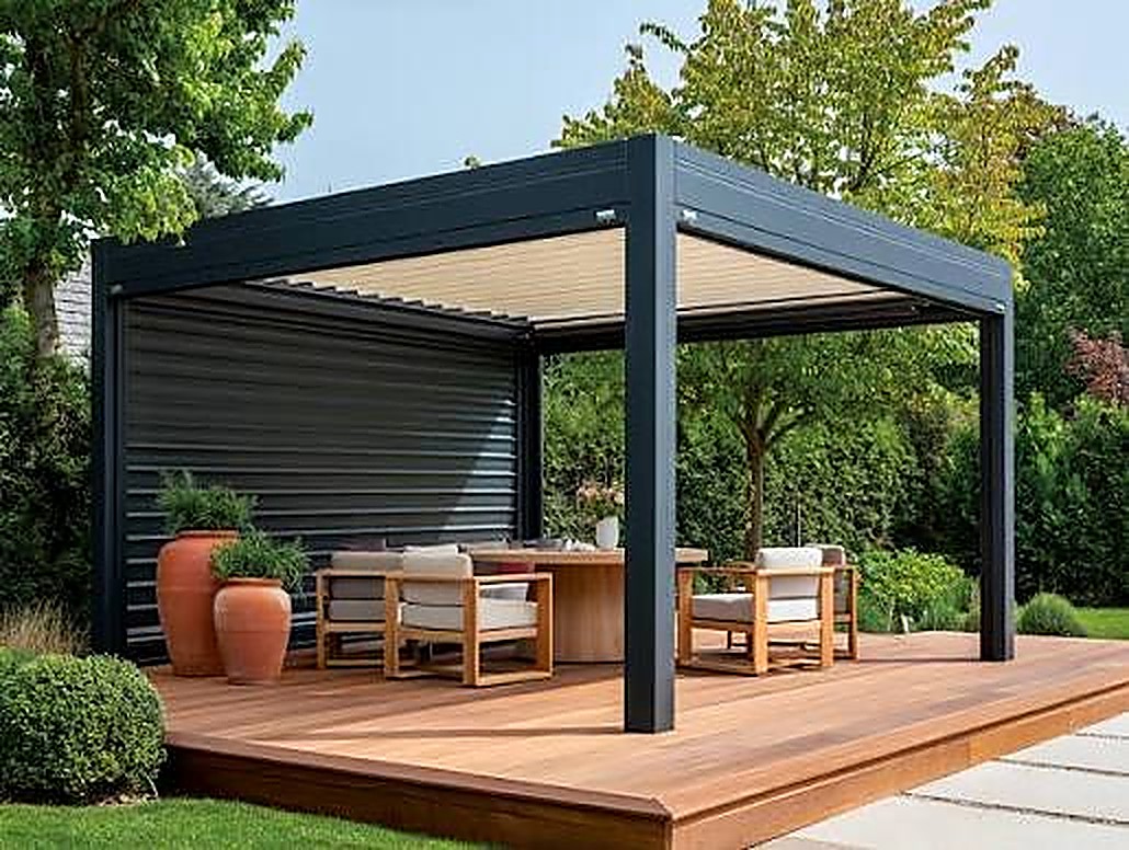 Freestanding louvered pergola on a wood deck with retractable side screen