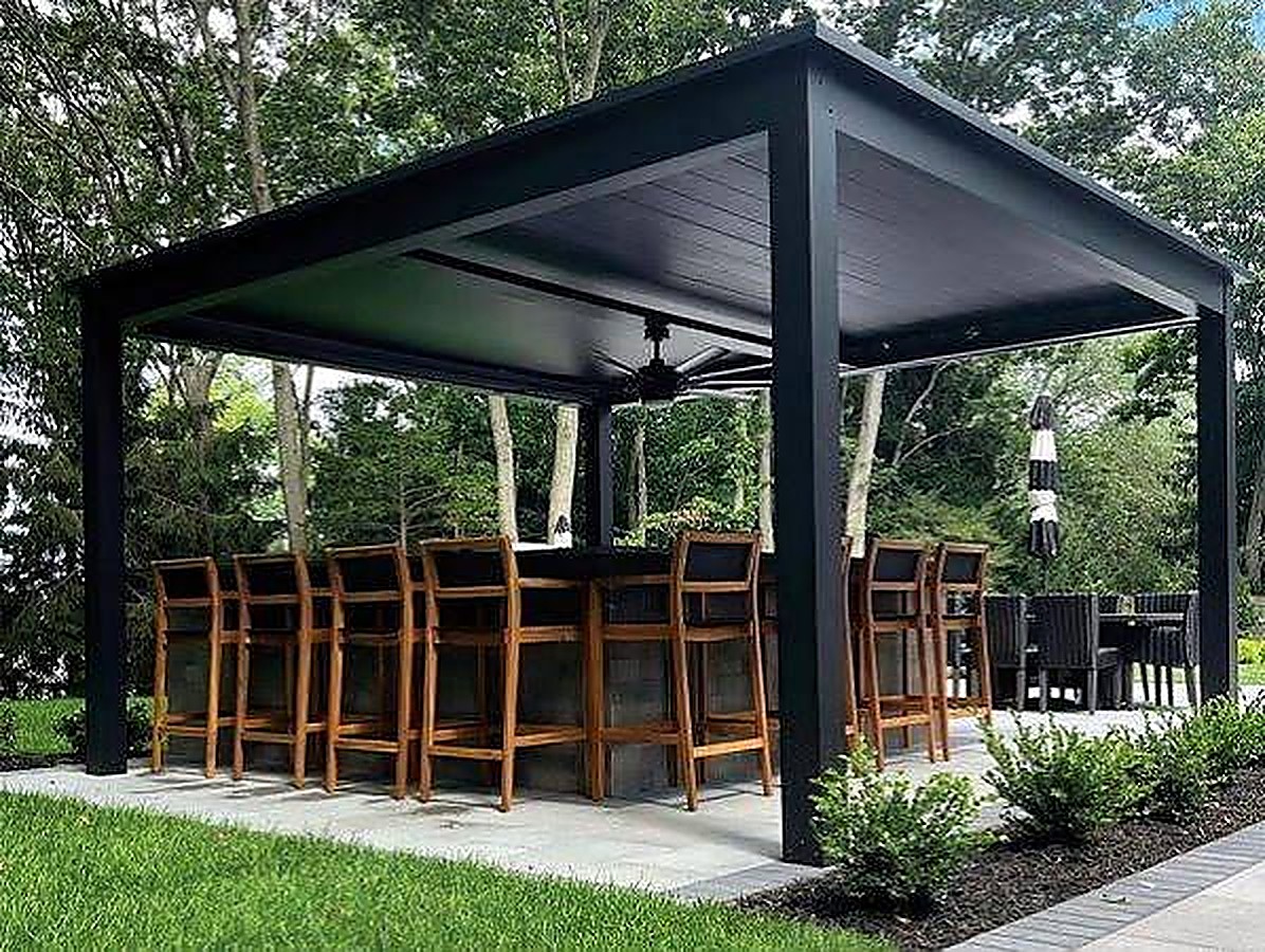 Example of an aluminum pergola over an outdoor bar and seating area